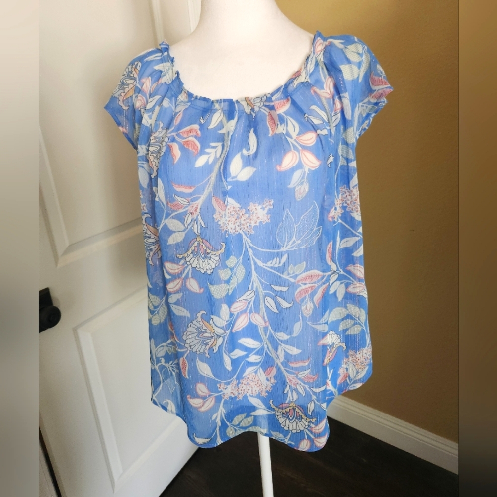 Women's Light Blue Semi-Sheer Floral Blouse,  Size Medium